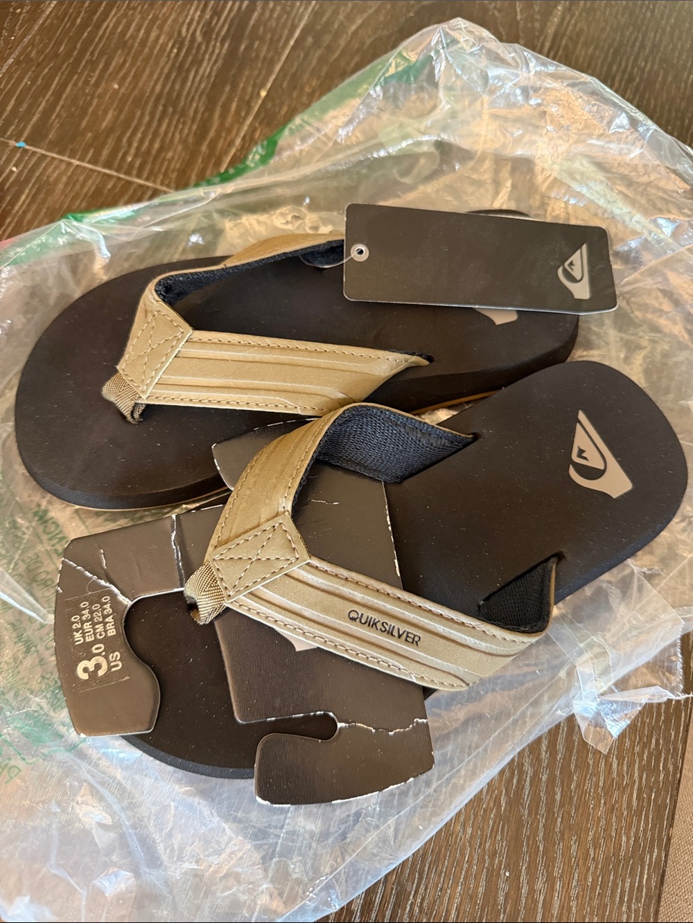Quiksilver Kids Boys Black Footbed Flip Flops Sandals New Taupe Size 3